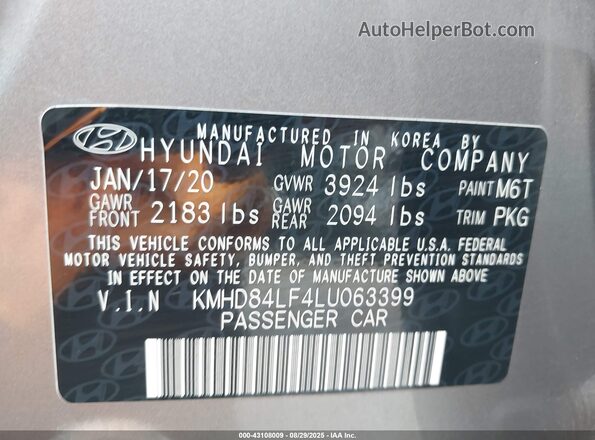 KMHD84LF4LU063399 2020 HYUNDAI ELANTRA Gray 