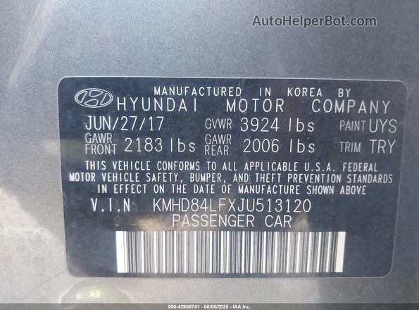 KMHD84LFXJU513120 2018 HYUNDAI ELANTRA Серебряный 