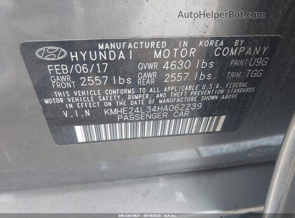 KMHE24L34HA062239 2017 HYUNDAI SONATA HYBRID Gray 
