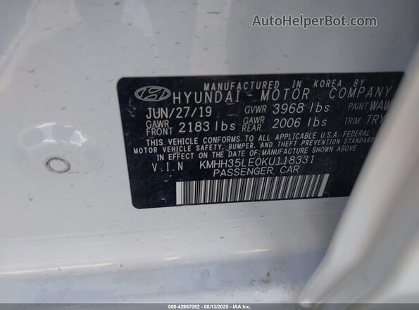 KMHH35LE0KU118331 2019 HYUNDAI ELANTRA GT White ძრავის განყოფილების ხედი