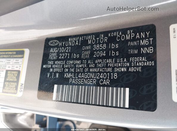 KMHLL4AG0NU240118 2022 HYUNDAI ELANTRA Gray 