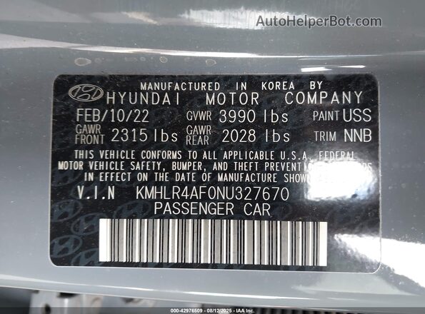 KMHLR4AF0NU327670 2022 HYUNDAI ELANTRA Gray Widok komory silnika