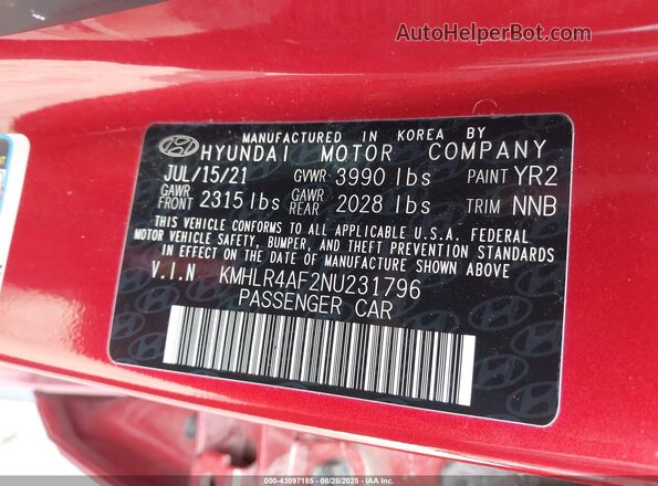 KMHLR4AF2NU231796 2022 HYUNDAI ELANTRA Red 