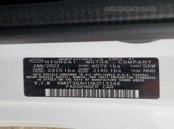 KMHT36AH1NU013346 2022 HYUNDAI VELOSTER White VIN sticker view