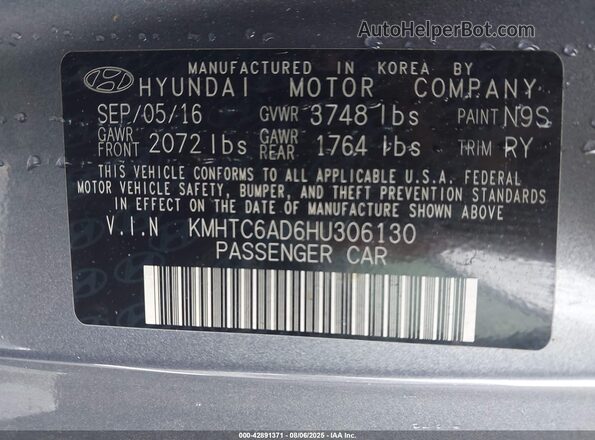 KMHTC6AD6HU306130 2017 HYUNDAI VELOSTER Gray 