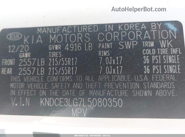 KNDCE3LG7L5080350 2020 KIA NIRO EV White 