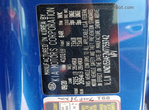 KNDJ53AF2M7759742 2021 KIA SOUL Синий Вид наклейки с VIN-кодом
