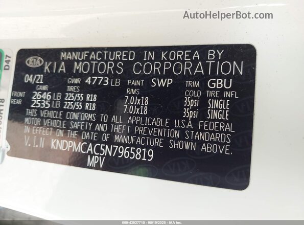 KNDPMCAC5N7965819 2022 KIA SPORTAGE White Vista del compartimento del motor