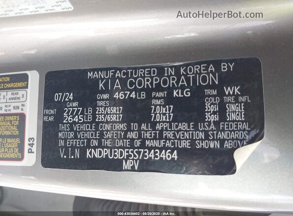 KNDPU3DF5S7343464 2025 KIA SPORTAGE Silver Widok komory silnika