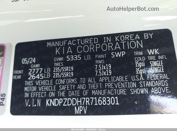 KNDPZDDH7R7168301 2024 KIA SPORTAGE PLUG-IN HYBRID White Widok komory silnika