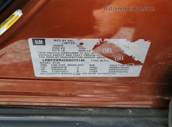 LRBFZNR42ND073145 2022 BUICK ENVISION Коричневый Вид наклейки с VIN-кодом