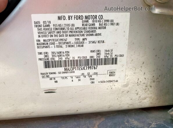 MAJ3P1TE5JC199767 2018 FORD ECOSPORT Silver 