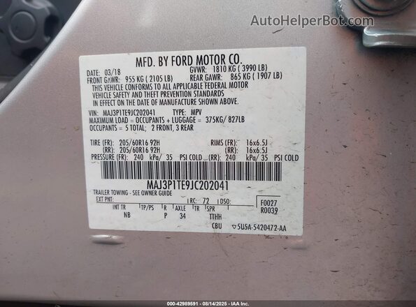 MAJ3P1TE9JC202041 2018 FORD ECOSPORT Silver 