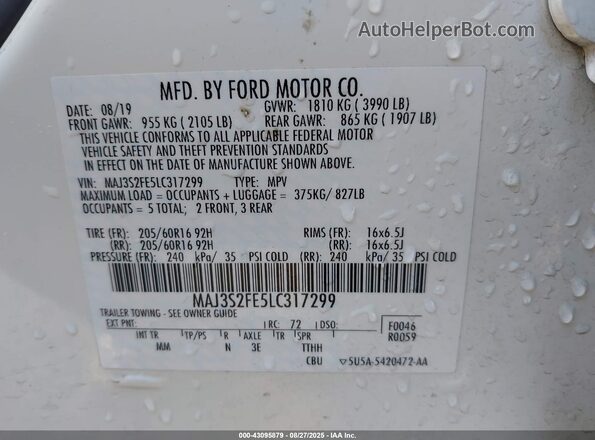 MAJ3S2FE5LC317299 2020 FORD ECOSPORT White Vista del compartimento del motor
