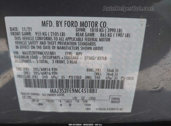 MAJ3S2FE9MC451881 2021 FORD ECOSPORT Серый Вид подкапотного пространства