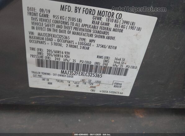 MAJ3S2FEXLC325365 2020 FORD ECOSPORT Gray Widok komory silnika