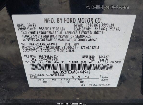MAJ3S2FEXMC444941 2021 FORD ECOSPORT Black Շարժիչի բաժամունքի տեսք