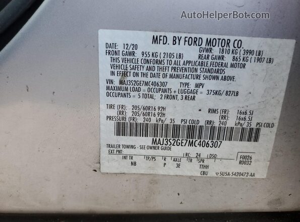 MAJ3S2GE7MC406307 2021 FORD ECOSPORT Silver Панорамний вид салону 360°