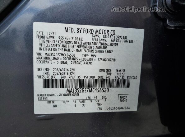 MAJ3S2GE7MC456530 2021 FORD ECOSPORT Gray VIN კოდის სტიკერის ხედი