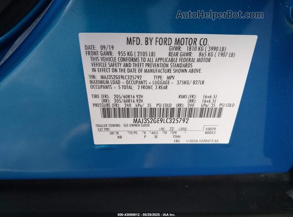 MAJ3S2GE9LC325792 2020 FORD ECOSPORT Blue Вид підкапотного простору