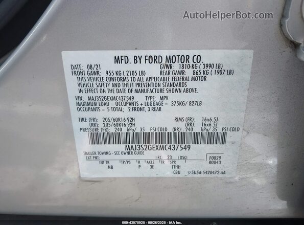 MAJ3S2GEXMC437549 2021 FORD ECOSPORT Silver 