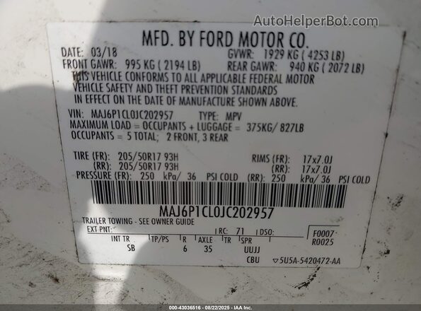 MAJ6P1CL0JC202957 2018 FORD ECOSPORT Белый 