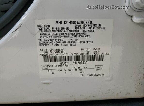 MAJ6P1UL9JC207430 2018 FORD ECOSPORT Белый 