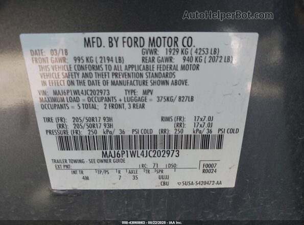 MAJ6P1WL4JC202973 2018 FORD ECOSPORT Gray Вид підкапотного простору