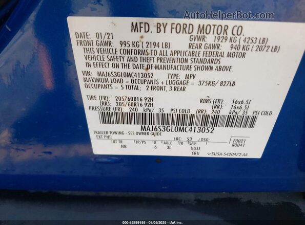 MAJ6S3GL0MC413052 2021 FORD ECOSPORT Blue Engine compartment view