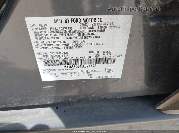 MAJ6S3GL4LC327726 2020 FORD ECOSPORT Серый Вид подкапотного пространства