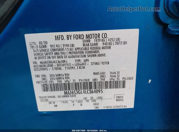 MAJ6S3GL4LC364095 2020 FORD ECOSPORT Синий Вид подкапотного пространства