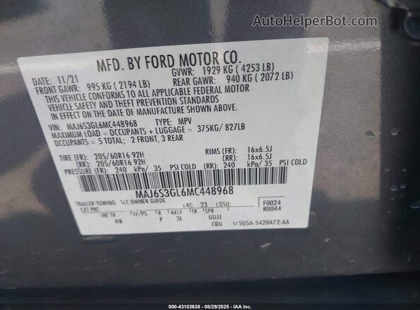 MAJ6S3GL6MC448968 2021 FORD ECOSPORT Gray 