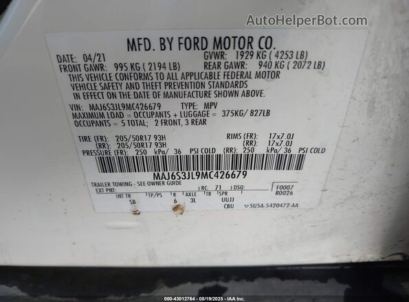 MAJ6S3JL9MC426679 2021 FORD ECOSPORT Белый Вид подкапотного пространства