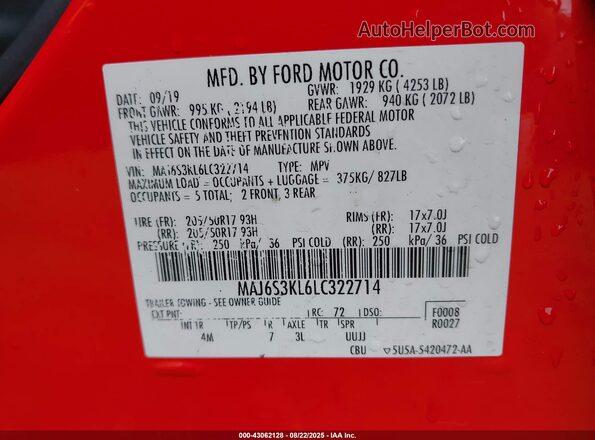 MAJ6S3KL6LC322714 2020 FORD ECOSPORT Red Vista del compartimento del motor