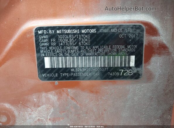 ML32A3HJ1JH005377 2018 MITSUBISHI MIRAGE Orange 
