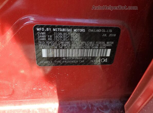ML32F3FJ3JHF15110 2018 MITSUBISHI MIRAGE Red 
