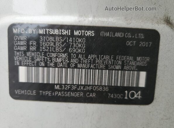 ML32F3FJXJHF05836 2018 MITSUBISHI MIRAGE White 