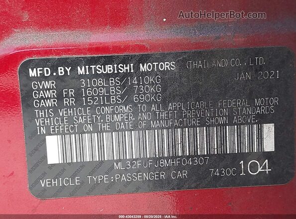 ML32FUFJ8MHF04307 2021 MITSUBISHI MIRAGE G4 Red 