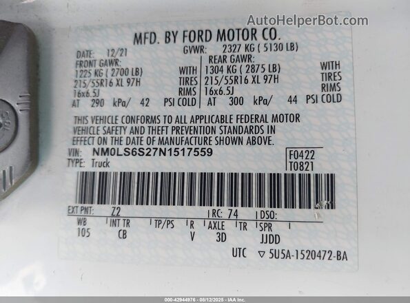 NM0LS6S27N1517559 2022 FORD TRANSIT CONNECT White 