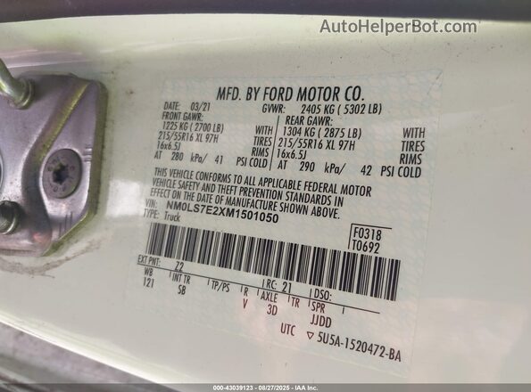 NM0LS7E2XM1501050 2021 FORD TRANSIT CONNECT White 