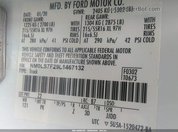 NM0LS7F29L1467132 2020 FORD TRANSIT CONNECT White 