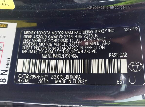 NMTKHMBX2LR107084 2020 TOYOTA LE Black Вид підкапотного простору