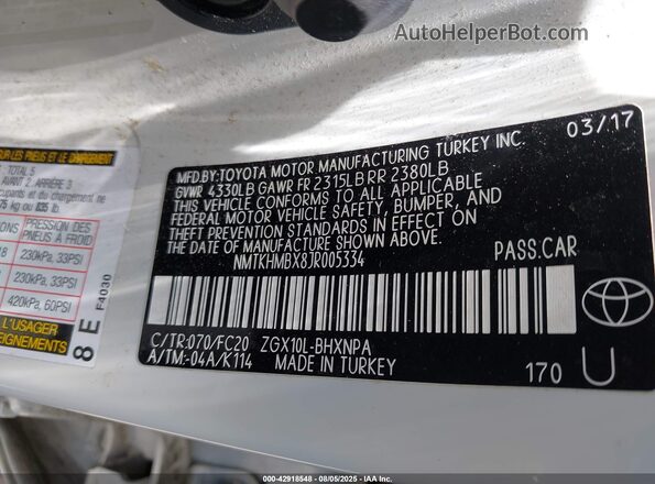 NMTKHMBX8JR005334 2018 TOYOTA LE White Widok komory silnika