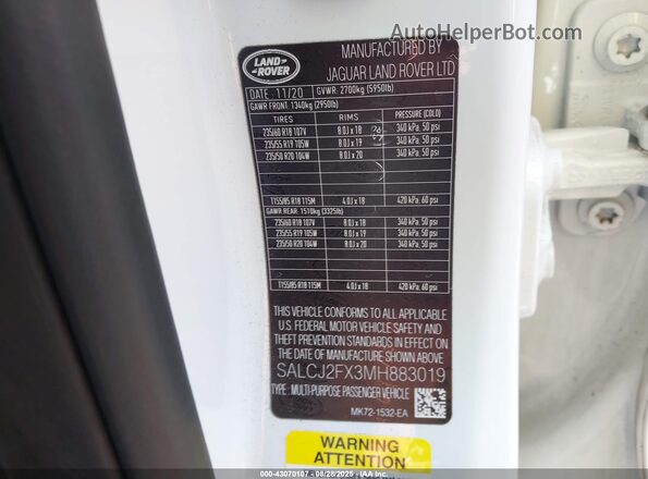 SALCJ2FX3MH883019 2021 LAND ROVER DISCOVERY SPORT White ძრავის განყოფილების ხედი