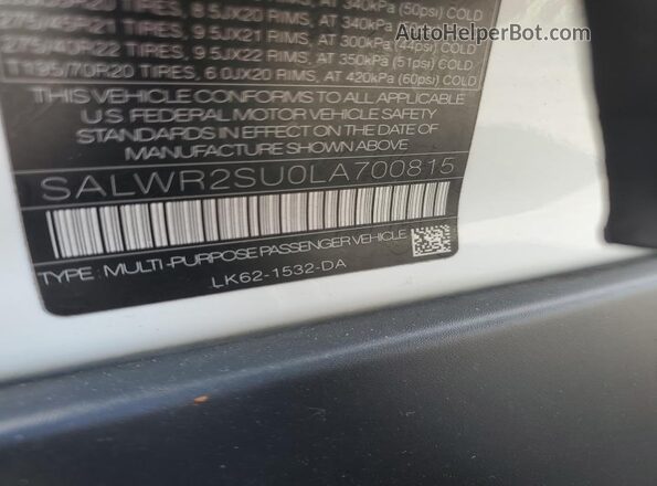 SALWR2SU0LA700815 2020 LAND ROVER RANGE White 360 interior view