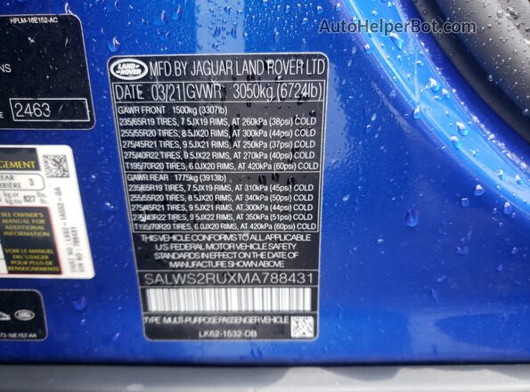 SALWS2RUXMA788431 2021 LAND ROVER RANGE Blue Панорамний вид салону 360°