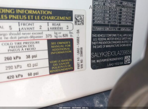 SALYK2EX3LA239659 2020 LAND ROVER RANGE ROVER VELAR White Շարժիչի բաժամունքի տեսք