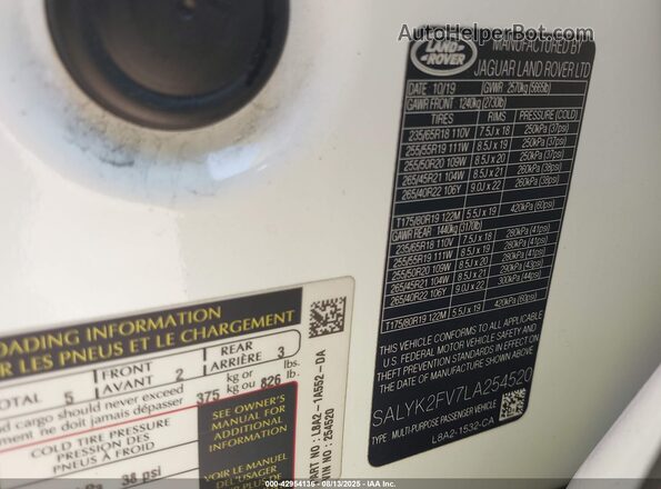 SALYK2FV7LA254520 2020 LAND ROVER RANGE ROVER VELAR White Շարժիչի բաժամունքի տեսք