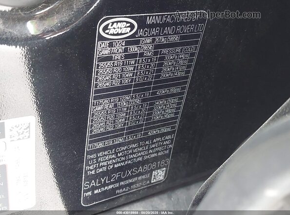 SALYL2FUXSA808183 2025 LAND ROVER RANGE ROVER VELAR Black Вид підкапотного простору