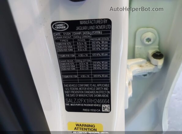 SALZJ2FX1RH246664 2024 LAND ROVER RANGE ROVER EVOQUE White Vista del compartimento del motor